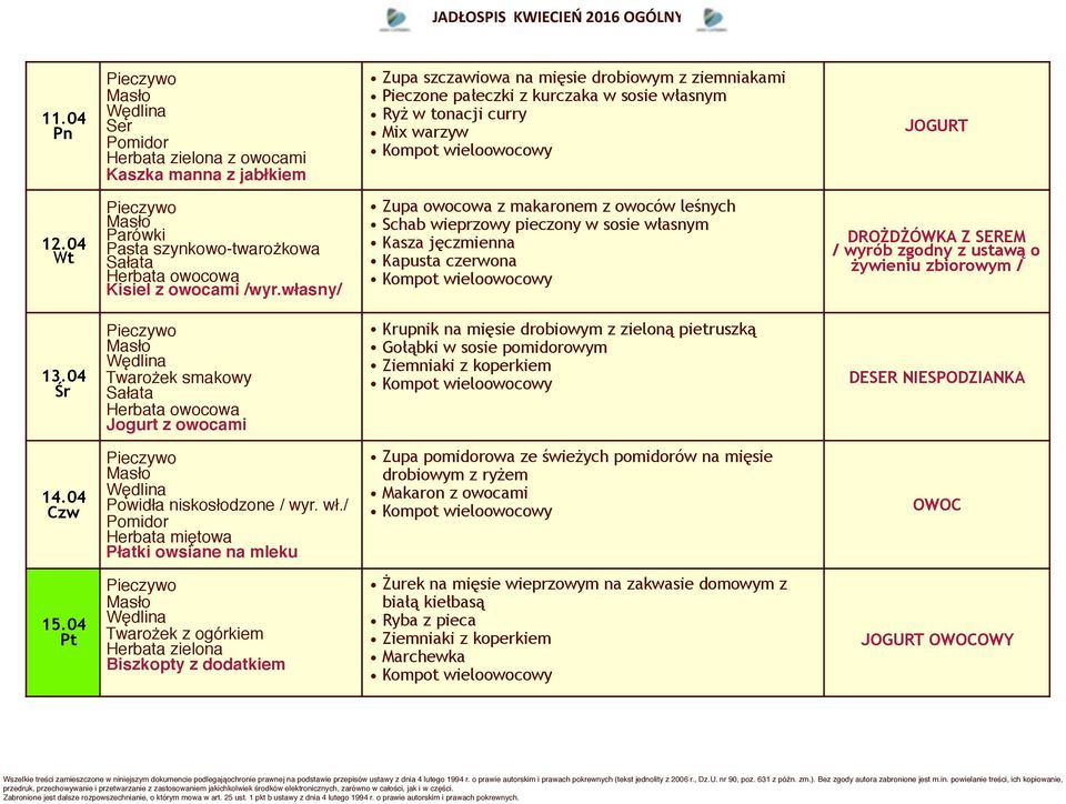 własny/ Zupa owocowa z makaronem z owoców leśnych Schab wieprzowy pieczony w sosie własnym Kasza jęczmienna Kapusta czerwona DROŻDŻÓWKA Z SEREM / wyrób zgodny z ustawą o żywieniu zbiorowym / 13.