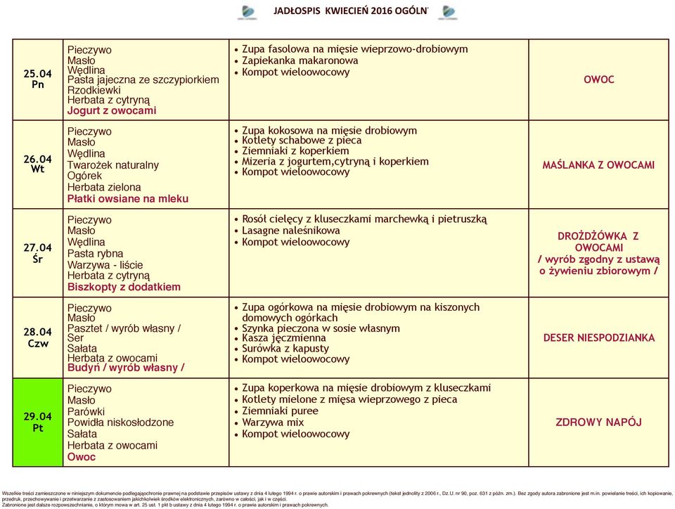 04 Pasta rybna Warzywa - liście Biszkopty z dodatkiem Rosół cielęcy z kluseczkami marchewką i pietruszką Lasagne naleśnikowa DROŻDŻÓWKA Z OWOCAMI / wyrób zgodny z ustawą o żywieniu zbiorowym / 28.