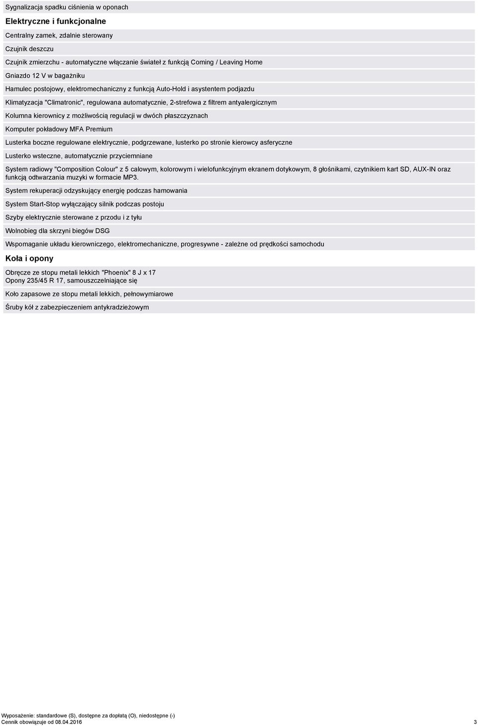 antyalergicznym Kolumna kierownicy z możliwością regulacji w dwóch płaszczyznach Komputer pokładowy MFA Premium Lusterka boczne regulowane elektrycznie, podgrzewane, lusterko po stronie kierowcy