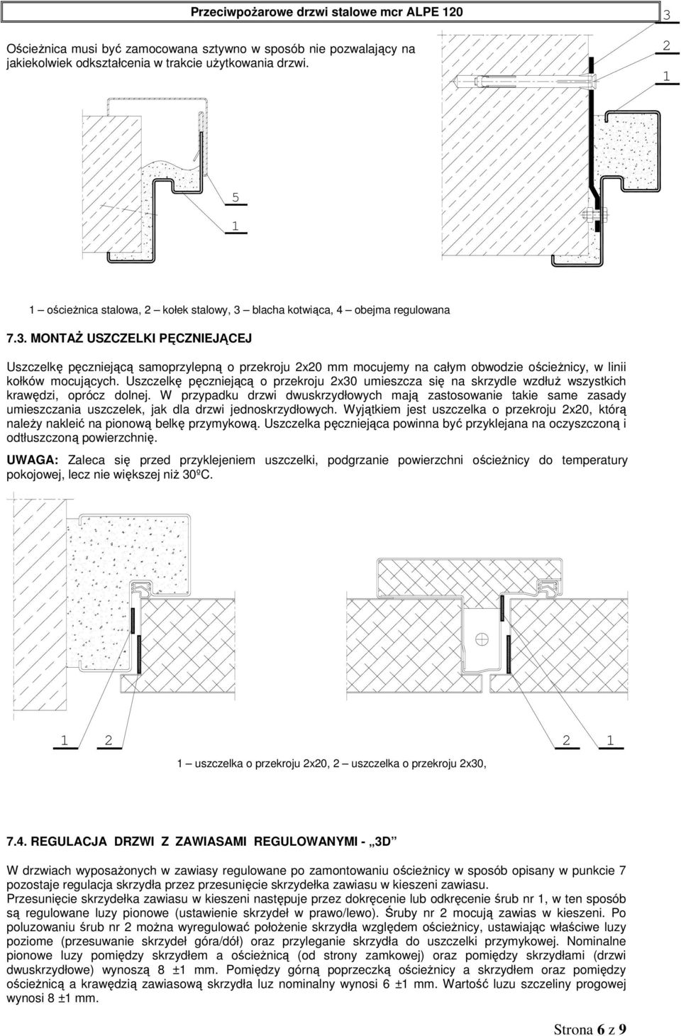 Uszczelkę pęczniejącą o przekroju 2x30 umieszcza się na skrzydle wzdłuż wszystkich krawędzi, oprócz dolnej.