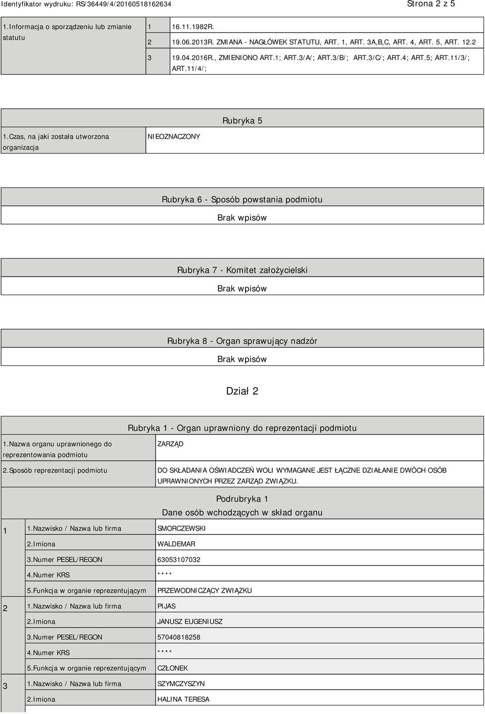 Czas, na jaki została utworzona organizacja NIEOZNACZONY Rubryka 6 - Sposób powstania podmiotu Rubryka 7 - Komitet założycielski Rubryka 8 - Organ sprawujący nadzór Dział 2 Rubryka 1 - Organ