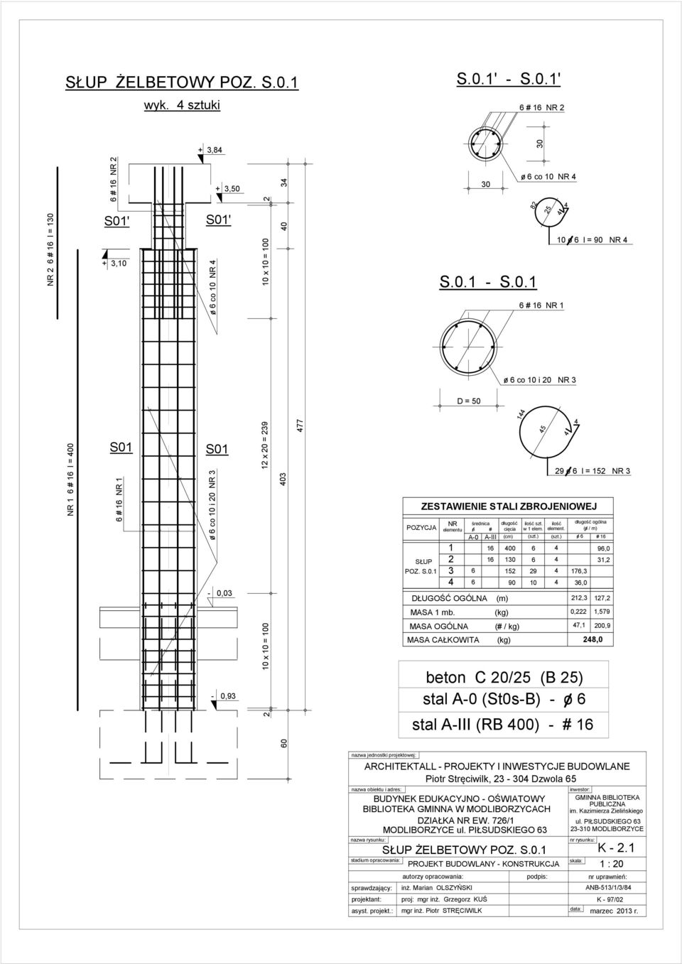 A-III (cm) (szt.) (szt.) o # 00 9,0 SŁUP, POZ. S.0. 5 9 7, 90 0,0 (kg) (# / kg) (kg) o co 0, 7, 0,,579 7, beton C 0/ (B ) 00,9 8,0 stal A-III (RB 00) - # 8 S.0. - S.0. D = # o co 0 i 0 5 0 o l = 90 9 o l = 5 Piotr Stręciwilk, - Dzwola 5 DZIAŁKA EW.