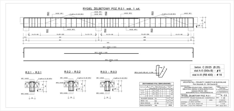 POZ. R.0. MASA mb. (kg) średnica długość ilość szt. ilość długość ogólna o # cięcia w elem. element. (o / m) A-0 A-III (cm) (szt.