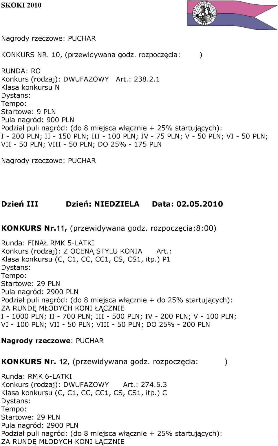 Dzień: NIEDZIELA Data: 02.05.2010 KONKURS Nr.11, (przewidywana godz. rozpoczęcia:8:00) Runda: FINAŁ RMK 5-LATKI Konkurs (rodzaj): Z OCENĄ STYLU KONIA Art.