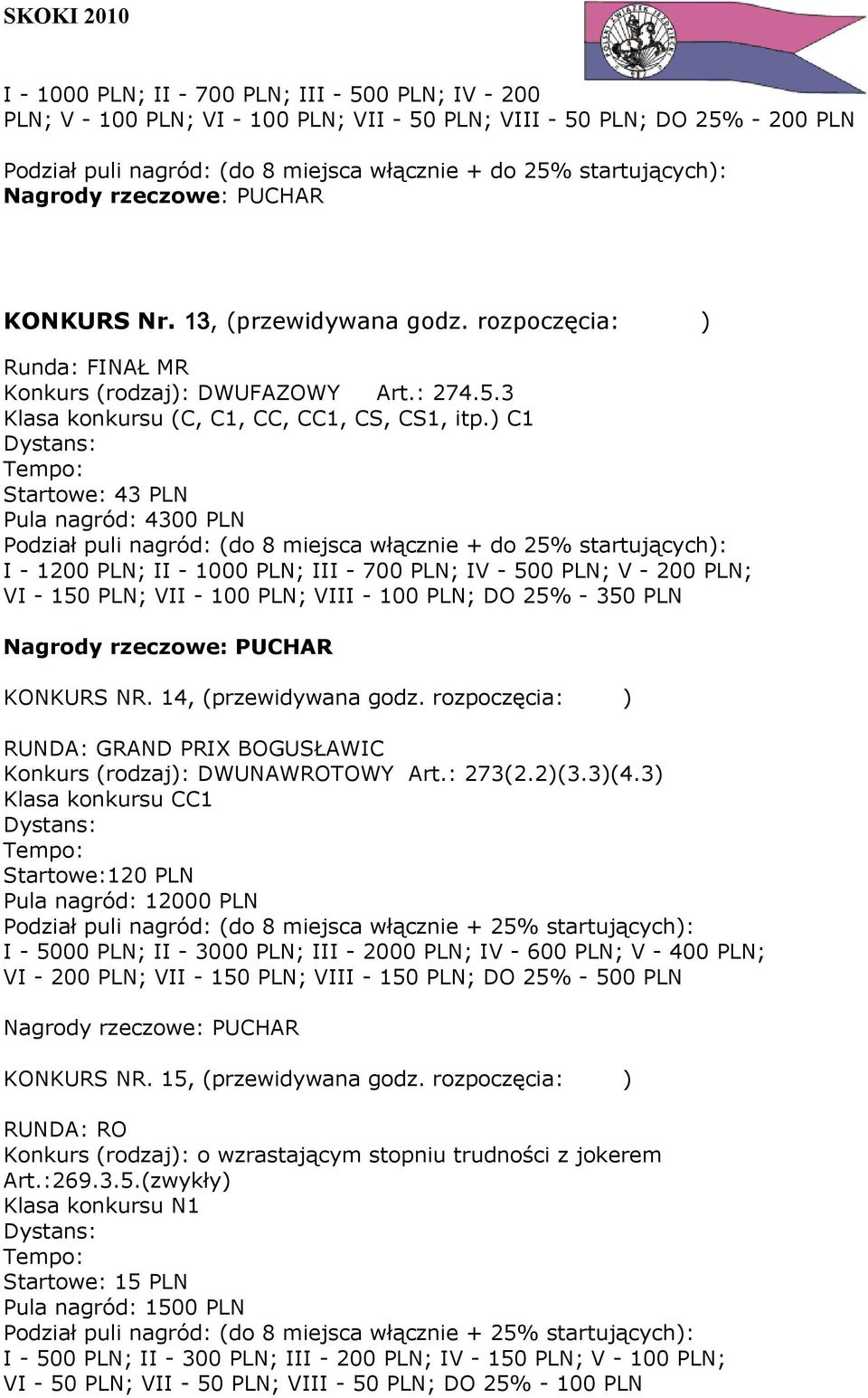 ) C1 Startowe: 43 PLN Pula nagród: 4300 PLN I - 1200 PLN; II - 1000 PLN; III - 700 PLN; IV - 500 PLN; V - 200 PLN; VI - 150 PLN; VII - 100 PLN; VIII - 100 PLN; DO 25% - 350 PLN KONKURS NR.