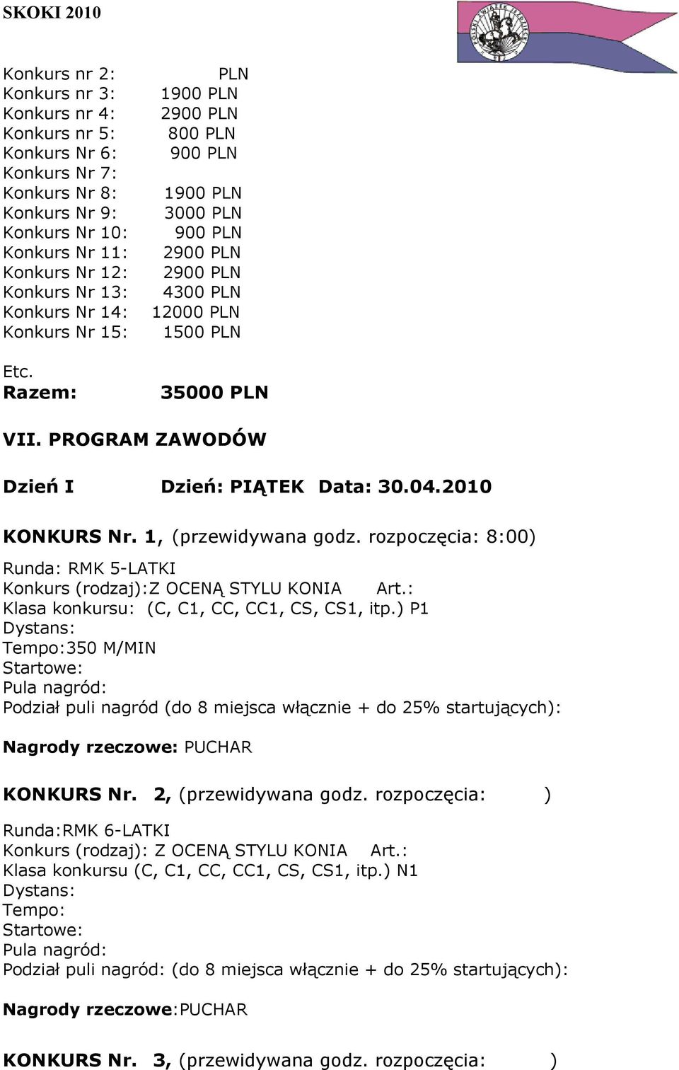 2010 KONKURS Nr. 1, (przewidywana godz. rozpoczęcia: 8:00) Runda: RMK 5-LATKI Konkurs (rodzaj):z OCENĄ STYLU KONIA Art.: Klasa konkursu: (C, C1, CC, CC1, CS, CS1, itp.