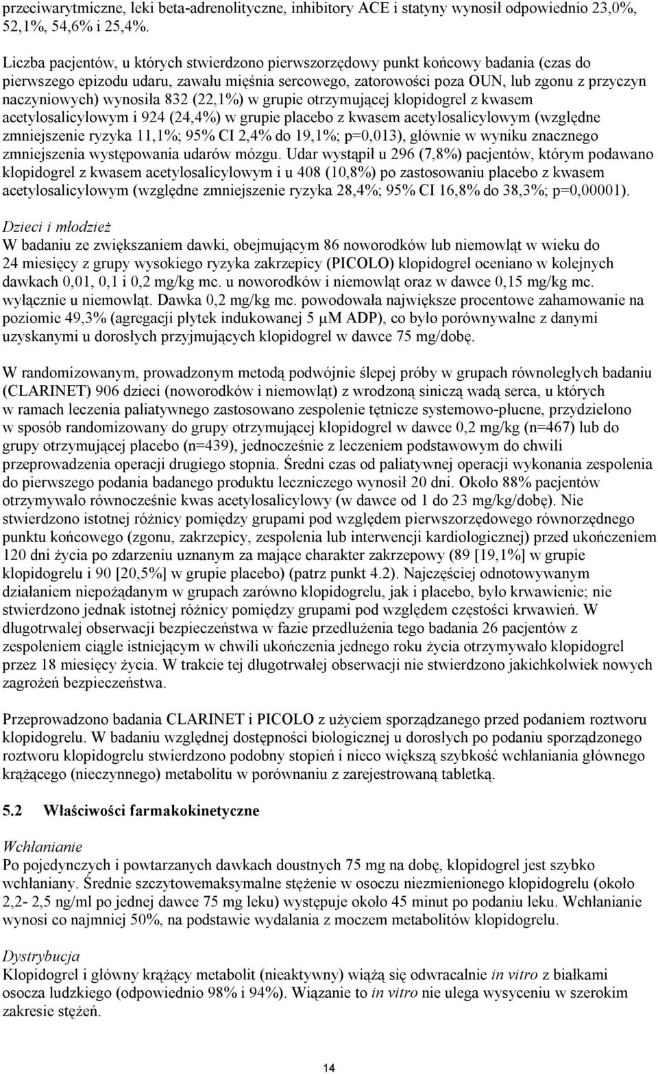 wynosiła 832 (22,1%) w grupie otrzymującej klopidogrel z kwasem acetylosalicylowym i 924 (24,4%) w grupie placebo z kwasem acetylosalicylowym (względne zmniejszenie ryzyka 11,1%; 95% CI 2,4% do