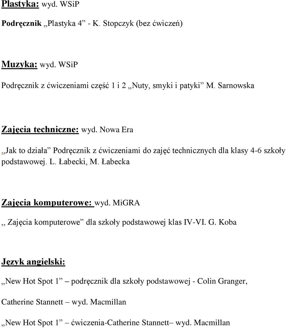 Nowa Era,,Jak to działa Podręcznik z ćwiczeniami do zajęć technicznych dla klasy 4-6 szkoły podstawowej. L. Łabecki, M.