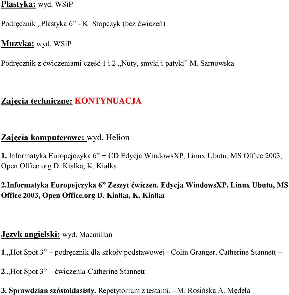 Kiałka, K. Kiałka 2.Informatyka Europejczyka 6 Zeszyt ćwiczen. Edycja WindowsXP, Linux Ubutu, MS Office 2003, Open Office.org D. Kiałka, K. Kiałka Język angielski: wyd.