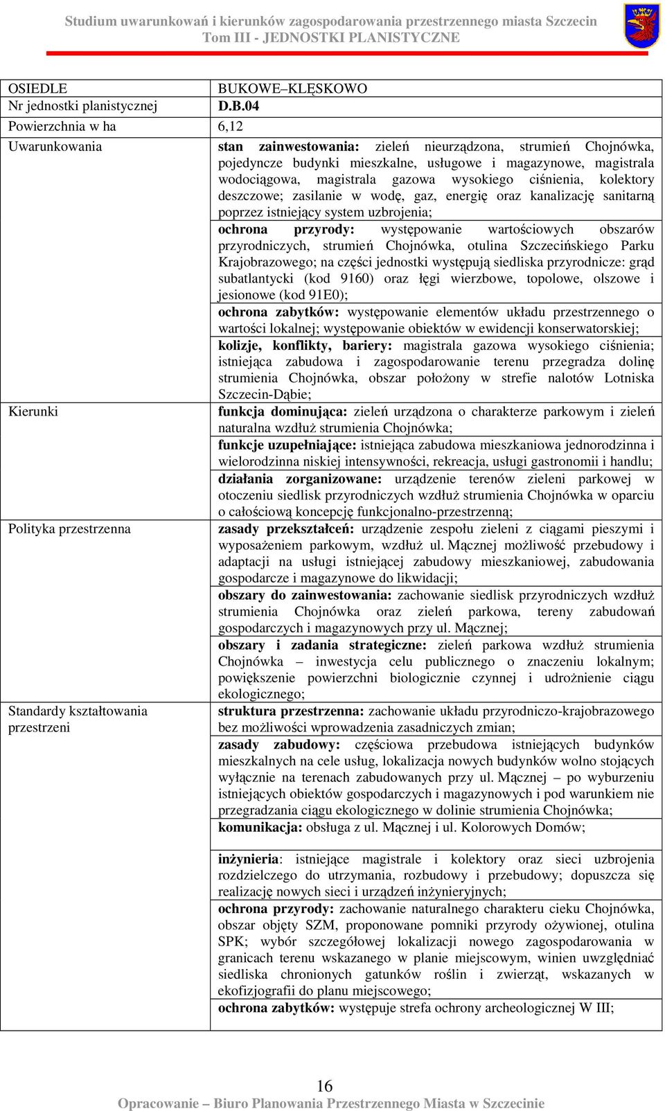 ciśnienia, kolektory deszczowe; zasilanie w wodę, gaz, energię oraz kanalizację sanitarną poprzez istniejący system uzbrojenia; ochrona przyrody: występowanie wartościowych obszarów przyrodniczych,