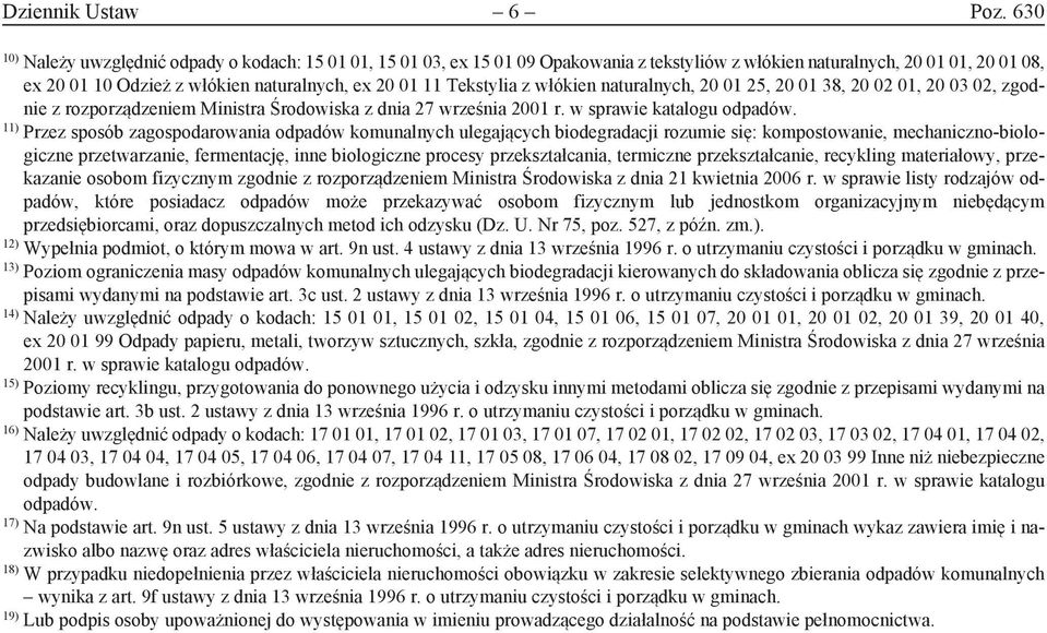 Tekstylia z włókien naturalnych, 20 01 25, 20 01 38, 20 02 01, 20 03 02, zgodnie z rozporządzeniem Ministra Środowiska z dnia 27 września 2001 r. w sprawie katalogu.