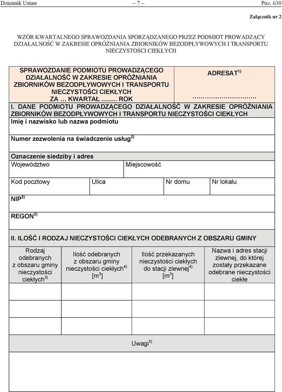 NZBIORNIKÓW ECZYSTOŚCI BEZODPŁYWOWYCH CIEKŁYCH I TRANSPORTU NIECZYSTOŚCI CIEKŁYCH SPRAWOZDANIE PODMIOTU PROWADZĄCEGO ADRESAT 1) DZIAŁALNOŚĆ W ZAKRESIE OPRÓŻNIANIA ZBIORNIKÓW BEZODPŁYWOWYCH I