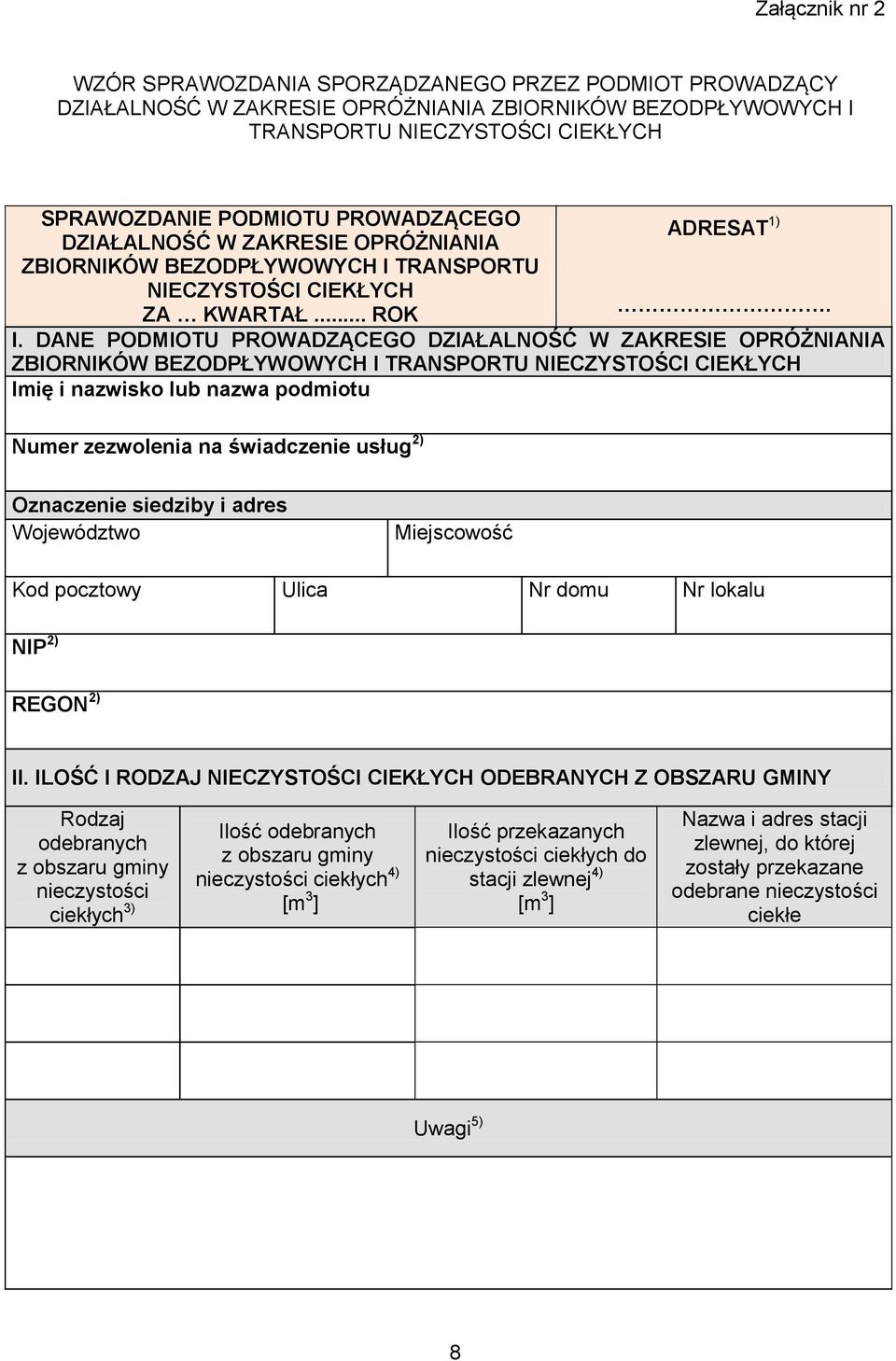 TRANSPORTU NIECZYSTOŚCI CIEKŁYCH ZA KWARTAŁ... ROK. I.