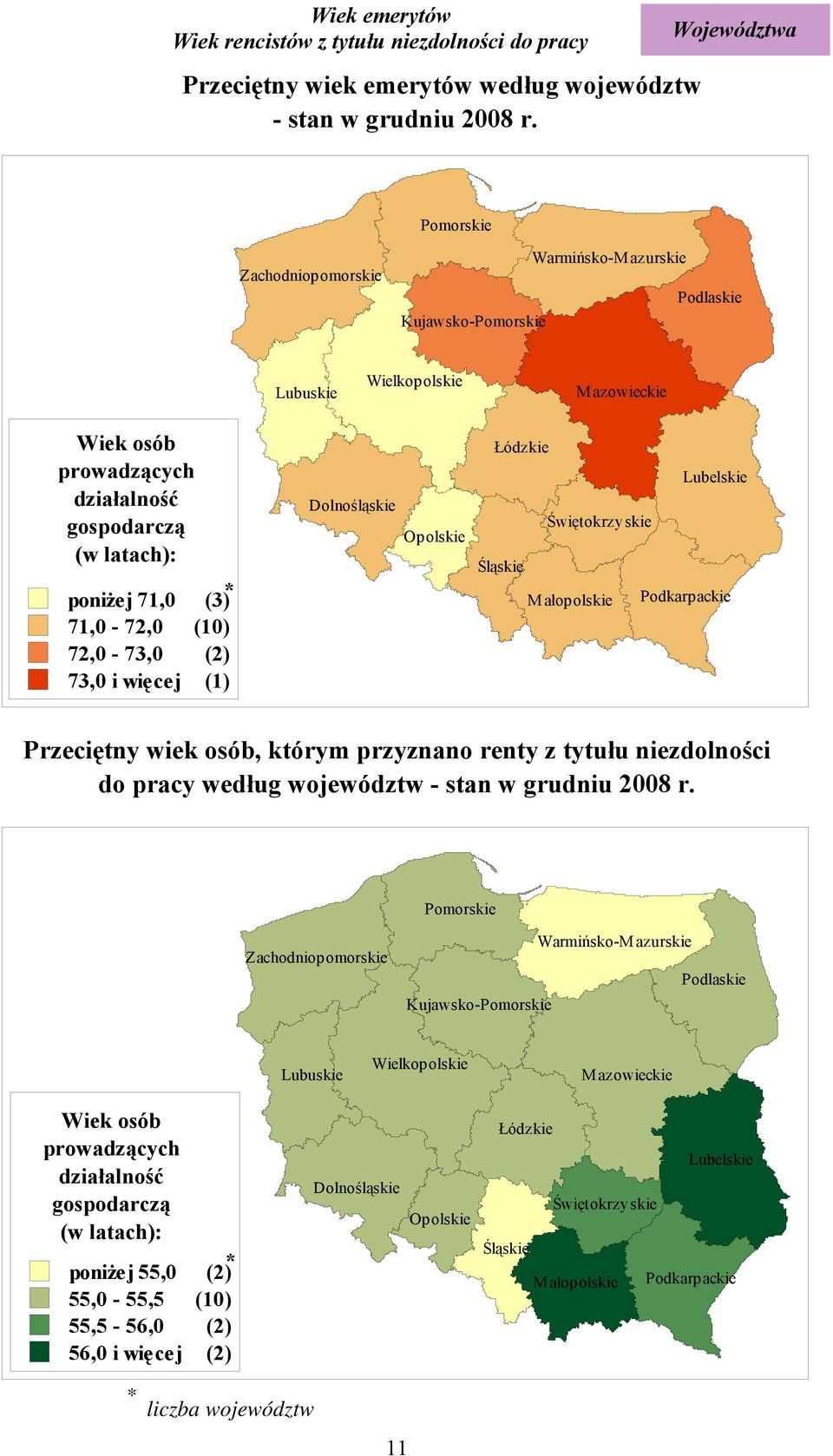 (10) 72,0-73,0 (2) 73,0 i więcej (1) Dolnośląskie Opolskie Łódzkie Lubelskie Świętokrzyskie Śląskie Małopolskie Podkarpackie Przeciętny wiek osób, którym przyznano renty z tytułu niezdolności do