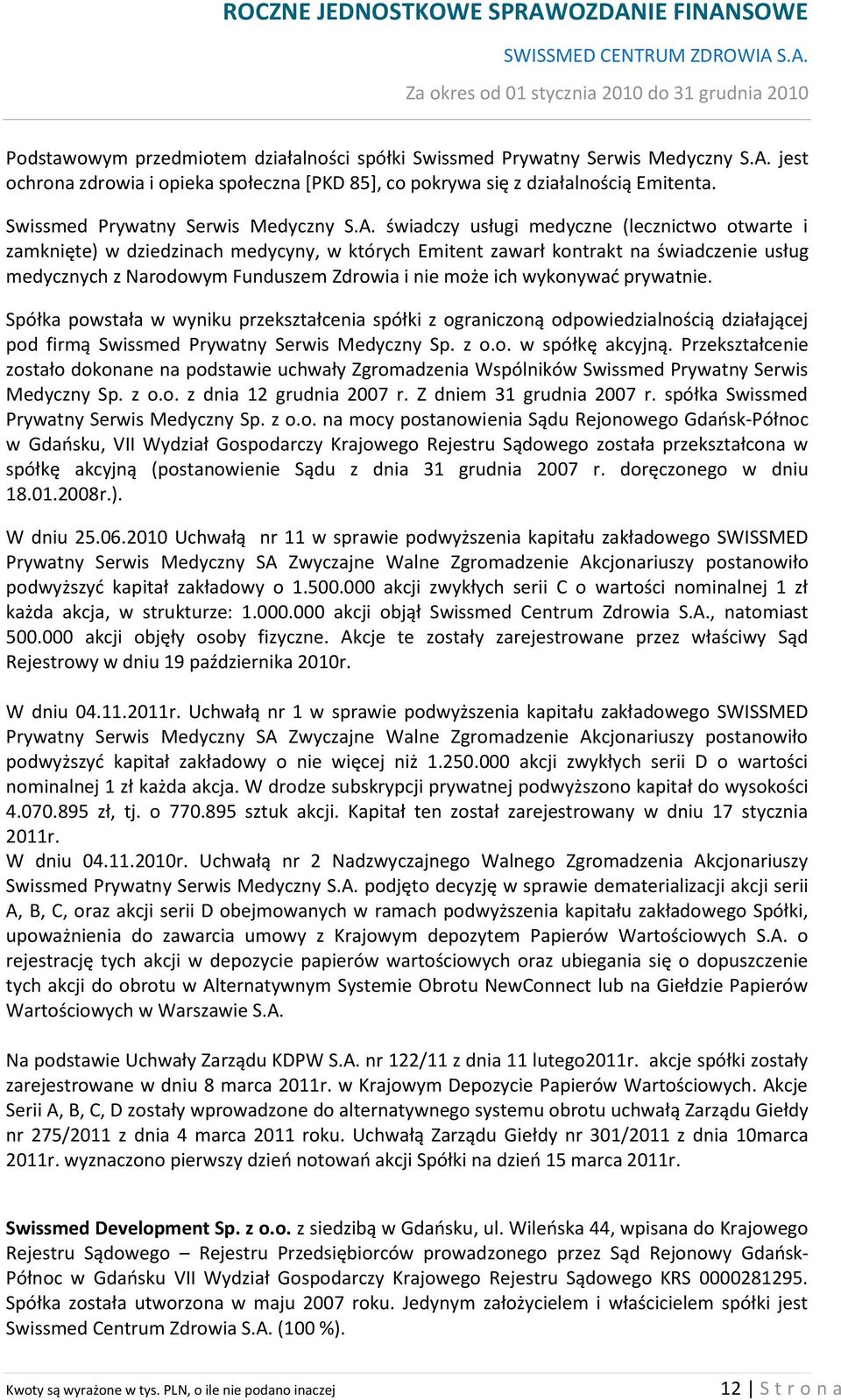 świadczy usługi medyczne (lecznictwo otwarte i zamknięte) w dziedzinach medycyny, w których Emitent zawarł kontrakt na świadczenie usług medycznych z Narodowym Funduszem Zdrowia i nie może ich