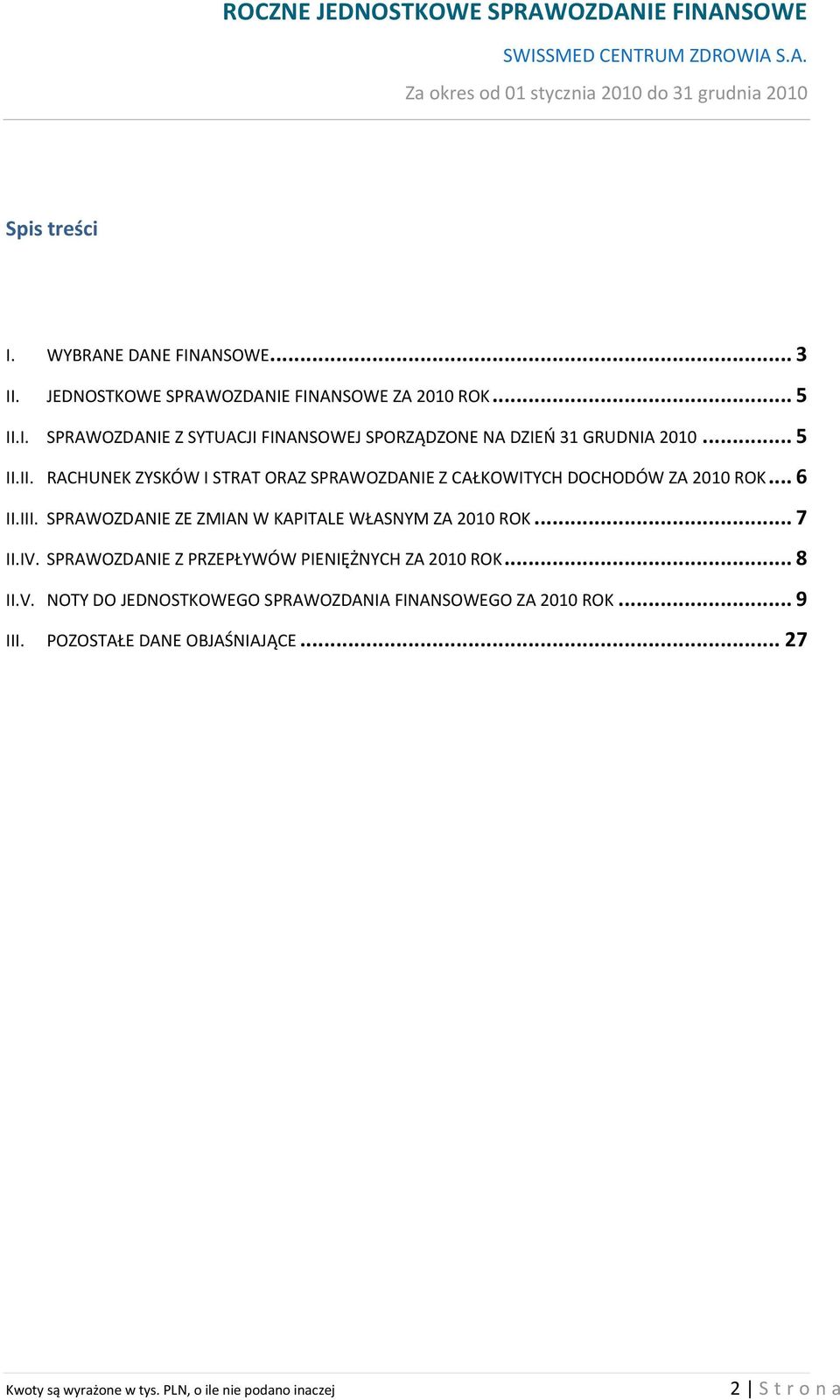 SPRAWOZDANIE ZE ZMIAN W KAPITALE WŁASNYM ZA 2010 ROK... 7 II.IV. SPRAWOZDANIE Z PRZEPŁYWÓW PIENIĘŻNYCH ZA 2010 ROK... 8 II.V. NOTY DO JEDNOSTKOWEGO SPRAWOZDANIA FINANSOWEGO ZA 2010 ROK.