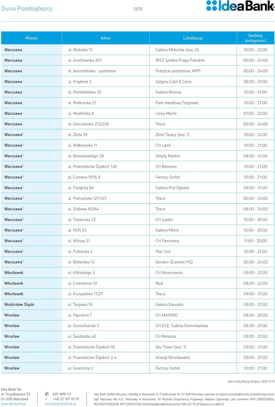 Malborska 51 Park Handlowy Targówek 10:00-21:00 Warszawa ul. Modlińska 8 Leroy Merlin 07:00-22:00 Warszawa ul. Górczewska 212/226 Tesco 00:00-24:00 Warszawa 1 ul. Złota 59 Złote Tarasy (poz.