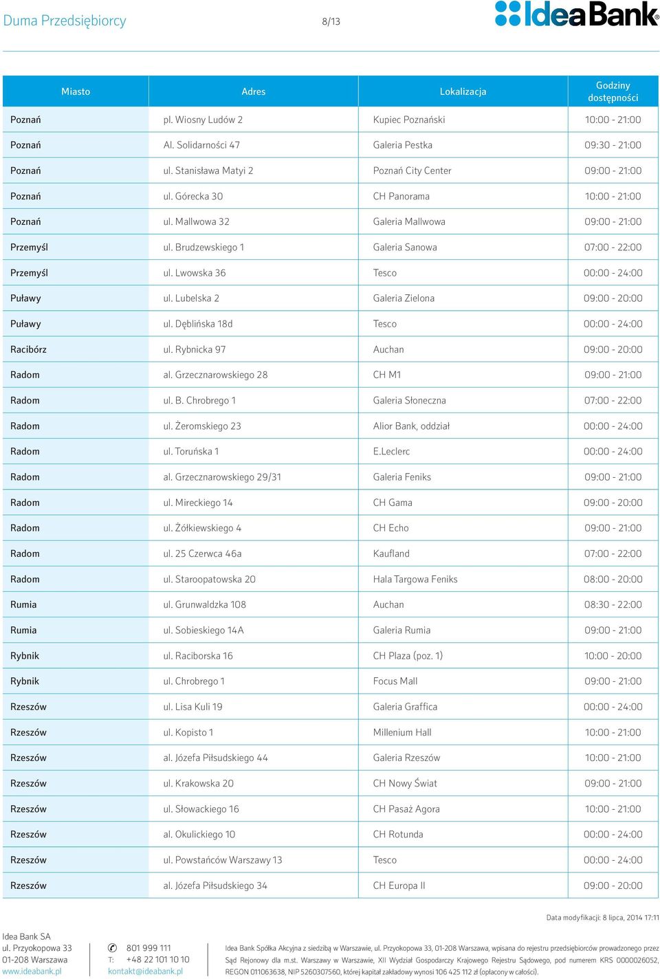 Brudzewskiego 1 Galeria Sanowa 07:00-22:00 Przemyśl ul. Lwowska 36 Tesco 00:00-24:00 Puławy ul. Lubelska 2 Galeria Zielona 09:00-20:00 Puławy ul. Dęblińska 18d Tesco 00:00-24:00 Racibórz ul.