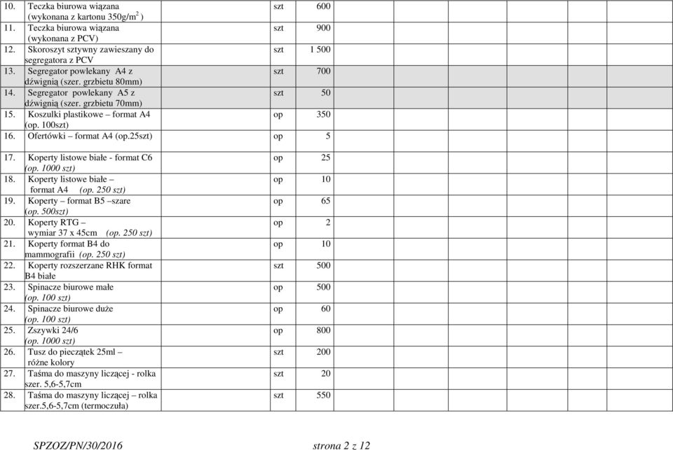 Ofertówki format A4 (op.25szt) op 5 17. Koperty listowe białe - format C6 (op. 1000 szt) 18. Koperty listowe białe format A4 (op. 250 szt) 19. Koperty format B5 szare (op. 500szt) 20.