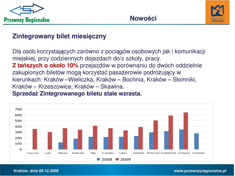 Z tańszych o około 10% przejazdów w porównaniu do dwóch oddzielnie zakupionych biletów mogą korzystać pasaŝerowie podróŝujący w kierunkach: Kraków