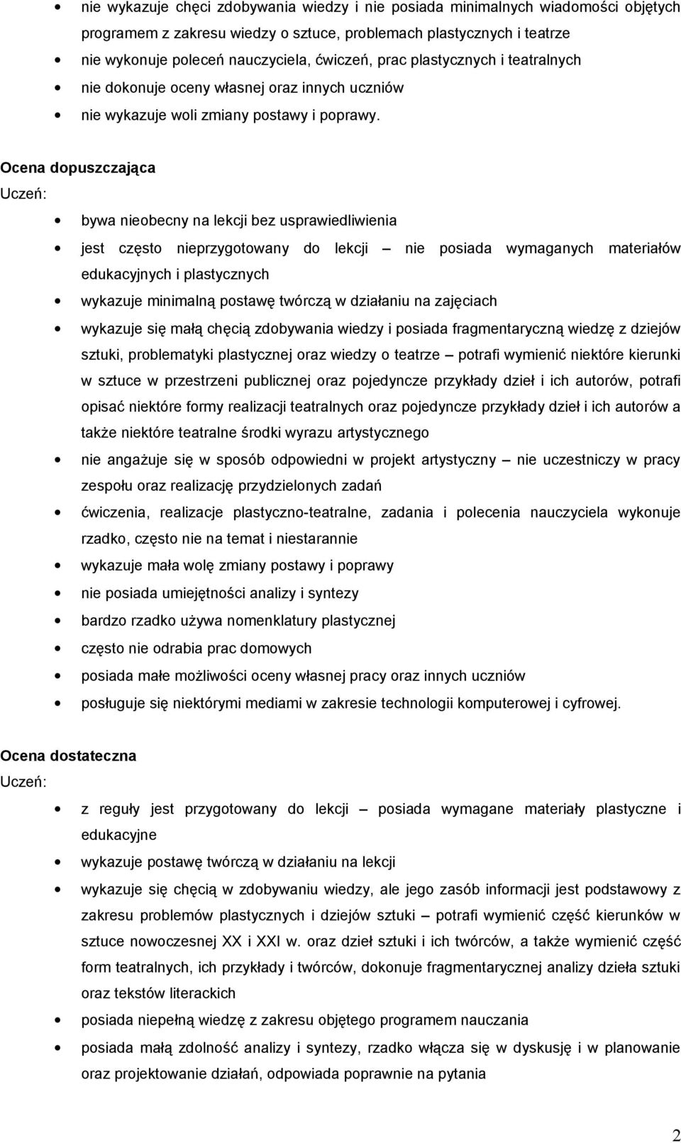 Ocena dopuszczająca bywa nieobecny na lekcji bez usprawiedliwienia jest często nieprzygotowany do lekcji nie posiada wymaganych materiałów edukacyjnych i plastycznych wykazuje minimalną postawę