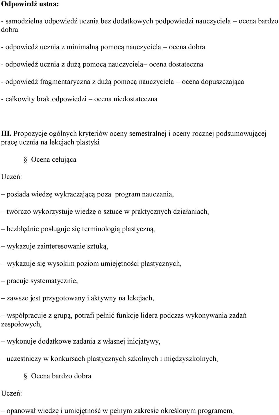 Propozycje ogólnych kryteriów oceny semestralnej i oceny rocznej podsumowującej pracę ucznia na lekcjach plastyki Ocena celująca posiada wiedzę wykraczającą poza program nauczania, twórczo