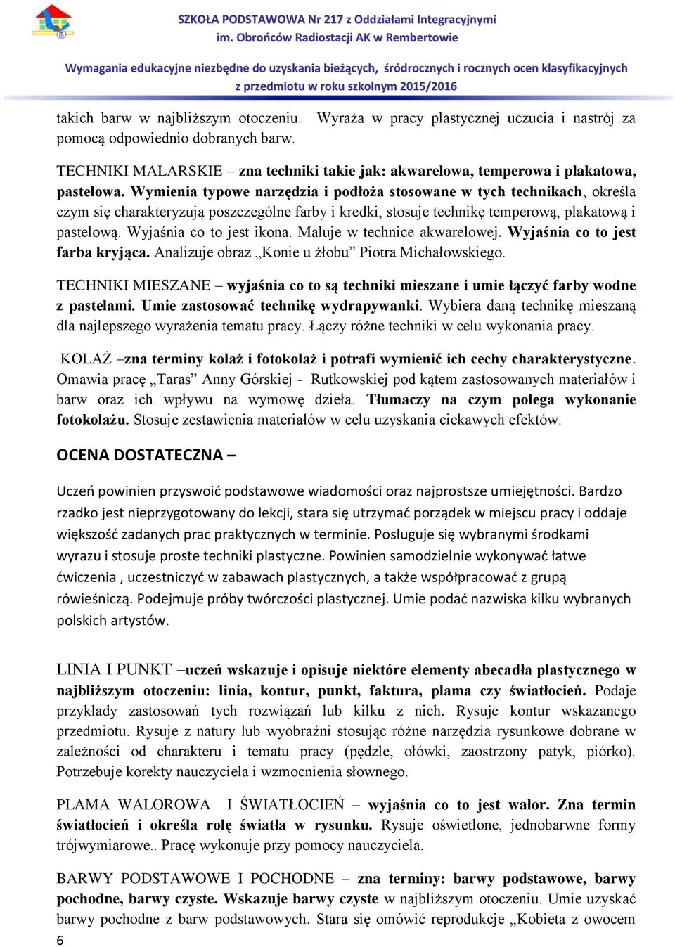 Wyjaśnia co to jest ikona. Maluje w technice akwarelowej. Wyjaśnia co to jest farba kryjąca. Analizuje obraz Konie u żłobu Piotra Michałowskiego. z pastelami. Umie zastosować technikę wydrapywanki.