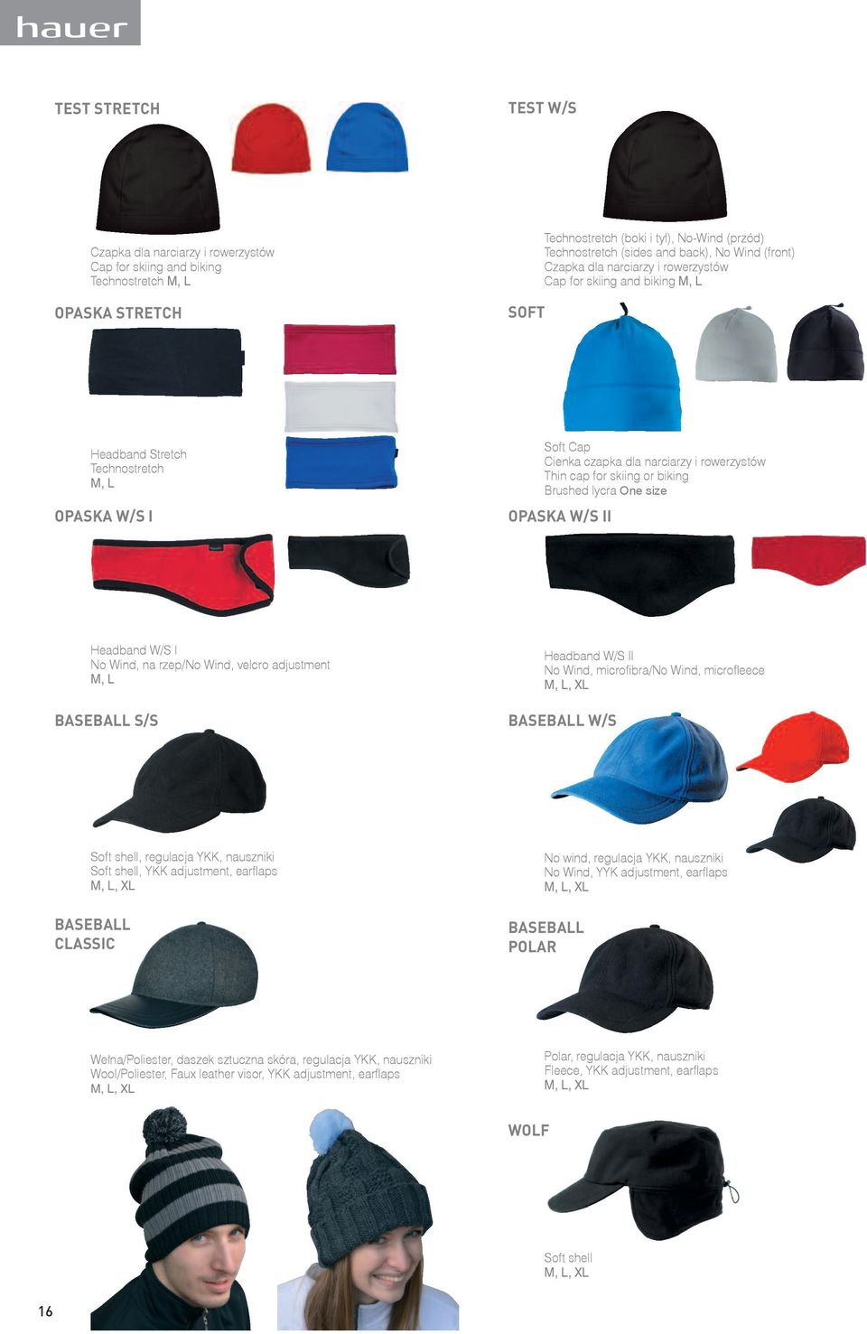 I No Wind, na rzep/no Wind, velcro adjustment M, L baseball s/s Headband W/S II No Wind, microfibra/no Wind, microfleece M, L, XL baseball w/s Soft shell, regulacja YKK, nauszniki Soft shell, YKK