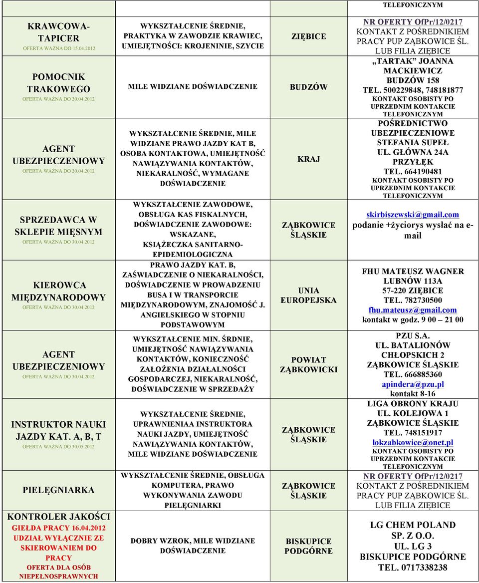 2012 UDZIAŁ WYŁĄCZNIE ZE SKIEROWANIEM DO OFERTA DLA OSÓB NIEPEŁNOSPRAWNYCH PRAKTYKA W ZAWODZIE KRAWIEC, UMIEJĘTNOŚCI: KROJENINIE, SZYCIE MILE WIDZIANE DOŚWIADCZENIE MILE WIDZIANE PRAWO JAZDY KAT B,