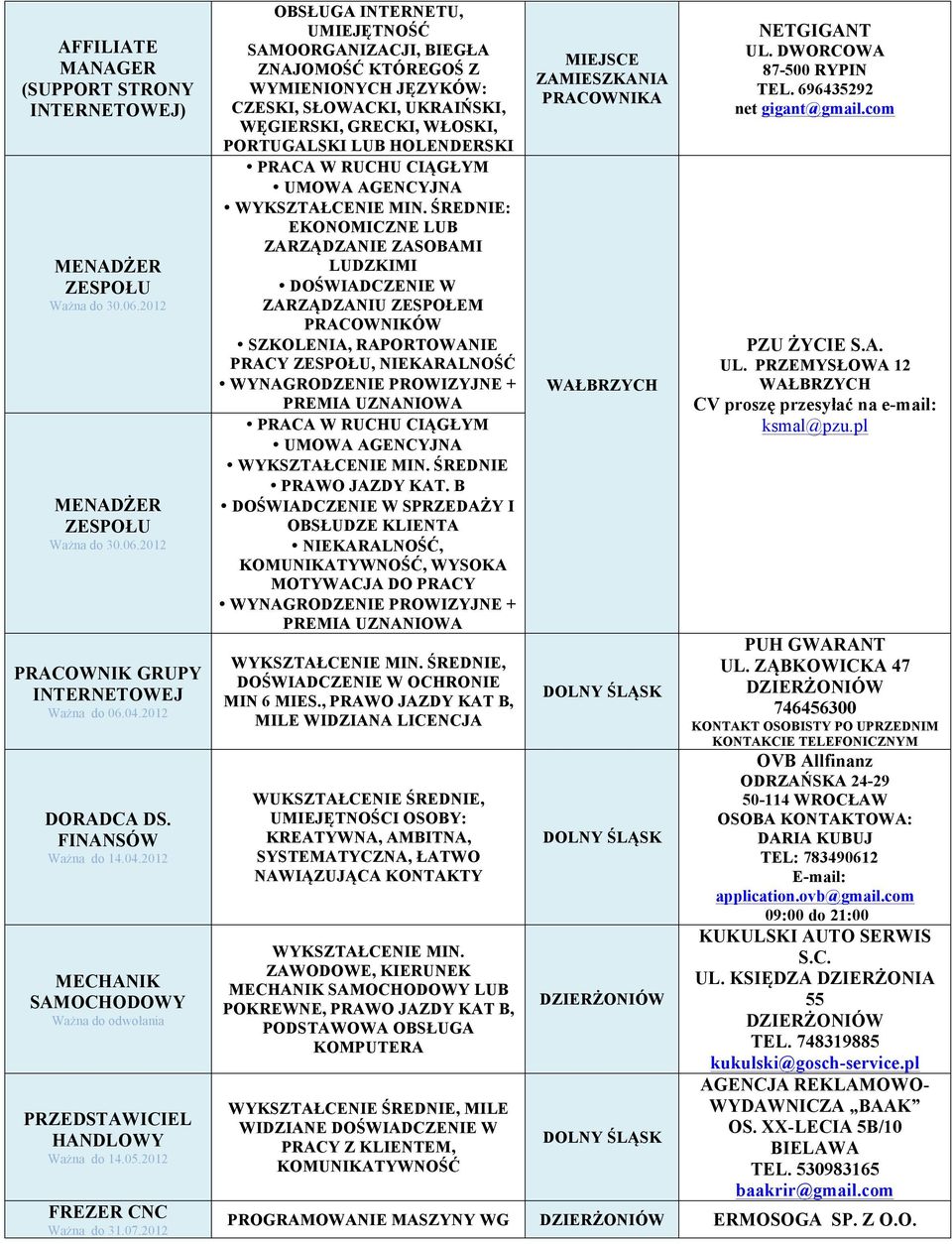 2012 OBSŁUGA INTERNETU, UMIEJĘTNOŚĆ SAMOORGANIZACJI, BIEGŁA ZNAJOMOŚĆ KTÓREGOŚ Z WYMIENIONYCH JĘZYKÓW: CZESKI, SŁOWACKI, UKRAIŃSKI, WĘGIERSKI, GRECKI, WŁOSKI, PORTUGALSKI LUB HOLENDERSKI PRACA W