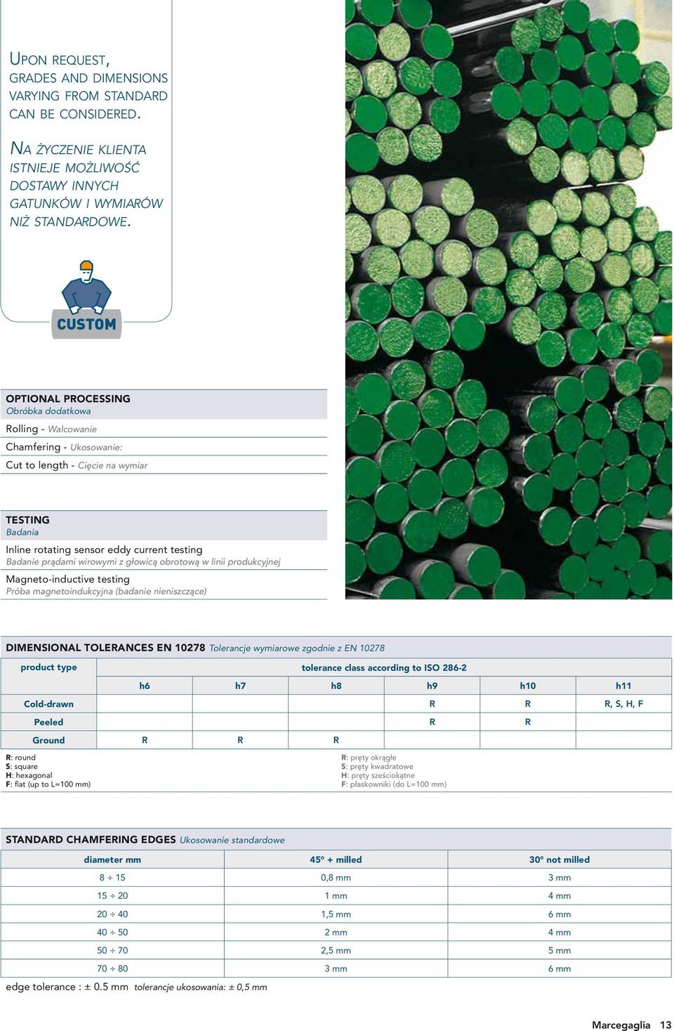 wirowymi z głowicą obrotową w linii produkcyjnej Magneto-inductive testing Próba magnetoindukcyjna (badanie nieniszczące) DIMENSIONAL TOLERANCES EN 10278 Tolerancje wymiarowe zgodnie z EN 10278