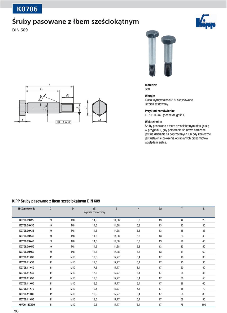 obrabianych przedmiotów względem siebie. KIPP Śruby pasowane z łbem sześciokątnym DIN 609 Nr Zamówienia D1 D (B) E K SW Y L wymiar pomocniczy 786 K0706.09X25 9 M8 14,5 14,38 5,3 13 8 25 K0706.