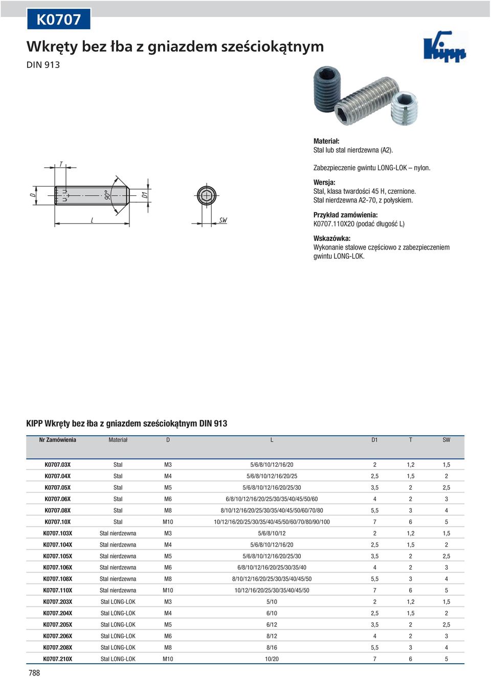 KIPP Wkręty bez łba z gniazdem sześciokątnym DIN 913 Nr Zamówienia Materiał D L D1 T SW 788 K0707.03X Stal M3 5/6/8/10/12/16/20 2 1,2 1,5 K0707.04X Stal M4 5/6/8/10/12/16/20/25 2,5 1,5 2 K0707.