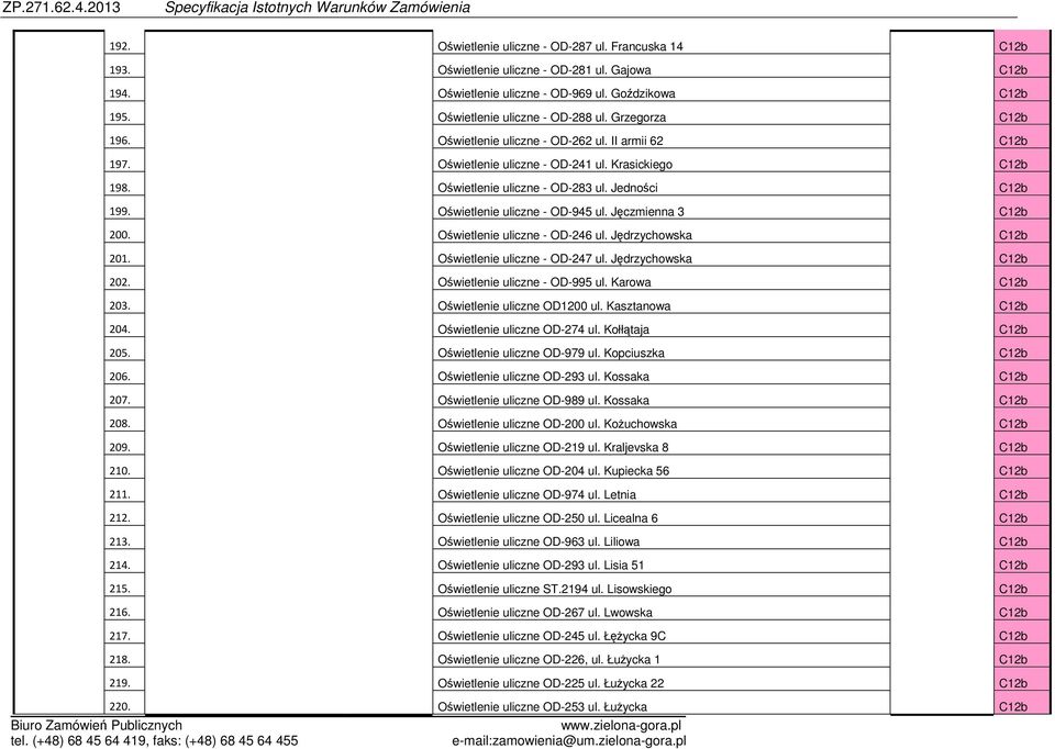Oświetlenie uliczne - OD-945 ul. Jęczmienna 3 C12b 200. Oświetlenie uliczne - OD-246 ul. Jędrzychowska C12b 201. Oświetlenie uliczne - OD-247 ul. Jędrzychowska C12b 202.