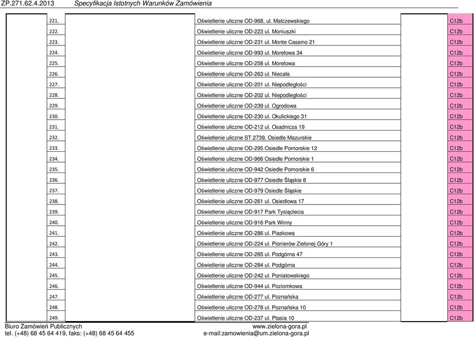 Oświetlenie uliczne OD-202 ul. Niepodległości C12b 229. Oświetlenie uliczne OD-239 ul. Ogrodowa C12b 230. Oświetlenie uliczne OD-230 ul. Okulickiego 31 C12b 231. Oświetlenie uliczne OD-212 ul.
