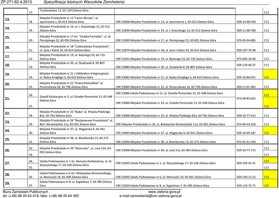 Krasickiego 12, 65-512 Zielona Góra CRK 53299 Miejskie Przedszkole nr 14, ul. I. Krasickiego 12, 65-512 Zielona Góra 929-11-00-709 Miesjkie Przedszkole nr 17 im. "Chatka Puchatka", ul.