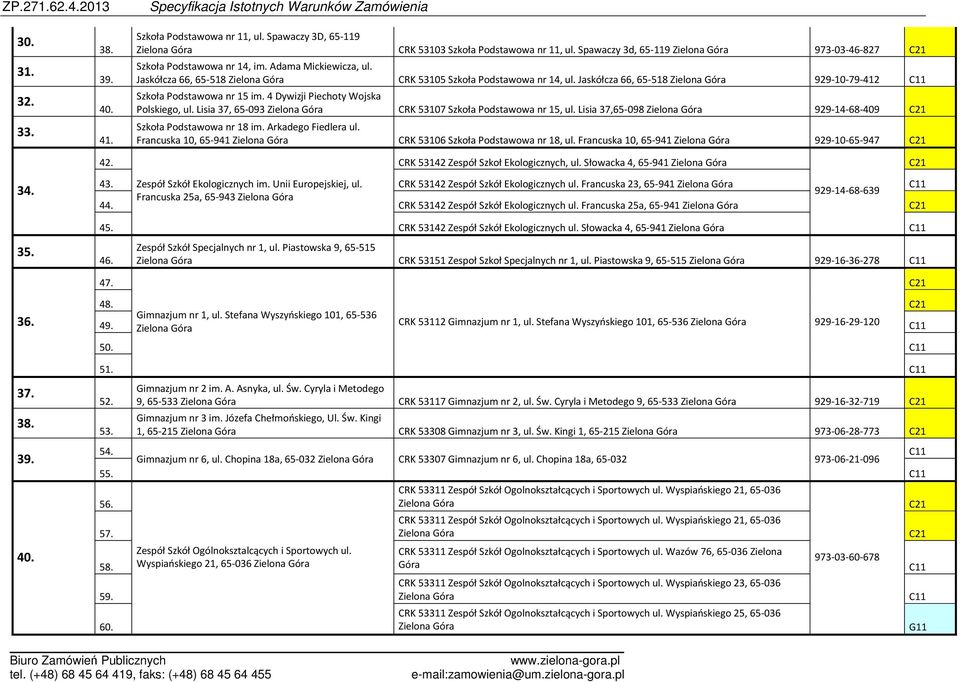 Jaskółcza 66, 65-518 Zielona Góra 929-10-79-412 Szkoła Podstawowa nr 15 im. 4 Dywizji Piechoty Wojska Polskiego, ul. Lisia 37, 65-093 Zielona Góra CRK 53107 Szkoła Podstawowa nr 15, ul.
