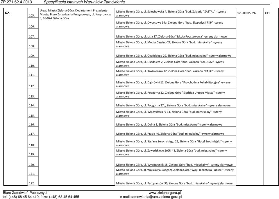 Miasto Zielona Góra, ul. Monte Cassino 27, Zielona Góra "bud. mieszkalny" -syreny 109. Miasto Zielona Góra, ul. Okulickiego 29, Zielona Góra "bud. mieszkalny" -syreny 110. 111. 112. 113.