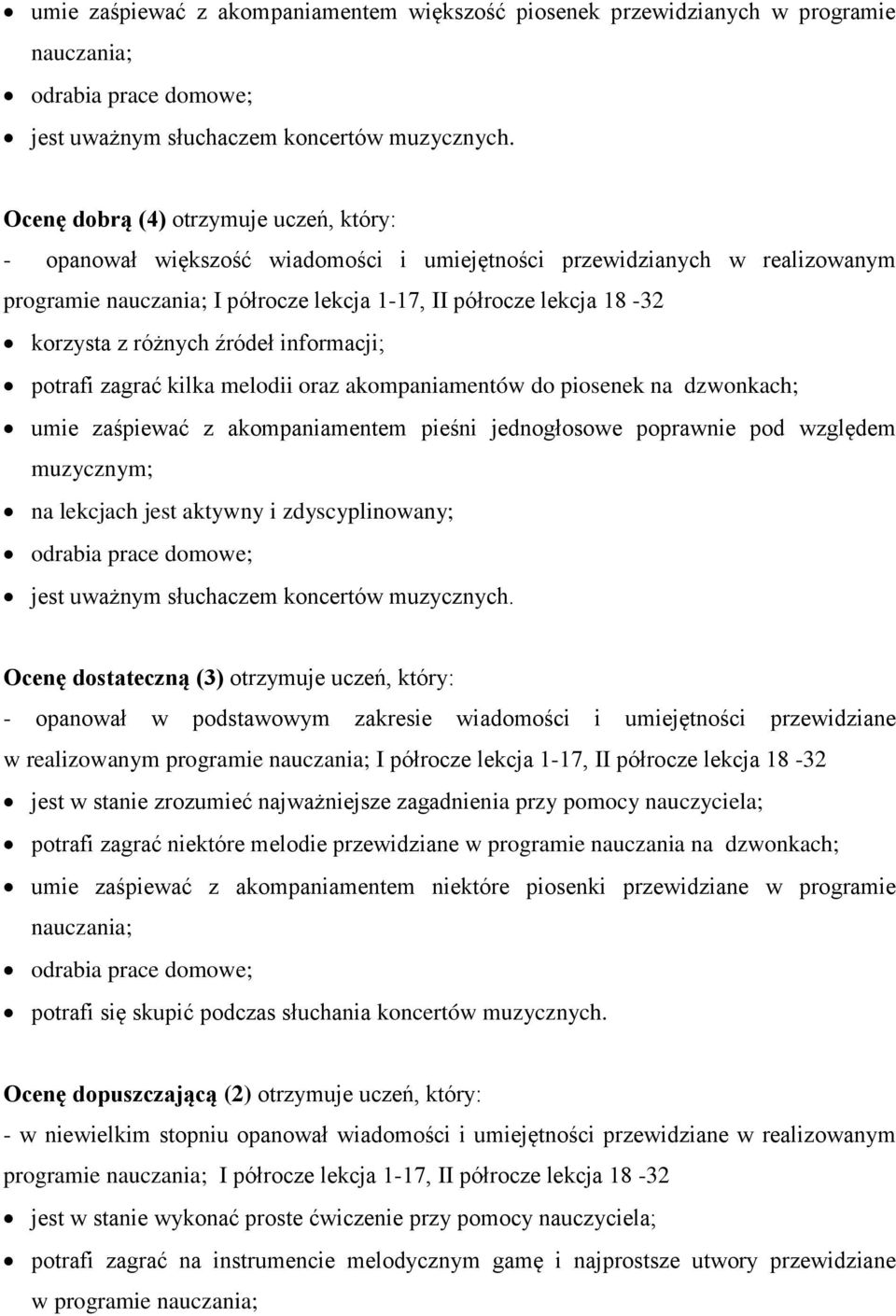 piosenek na dzwonkach; umie zaśpiewać z akompaniamentem pieśni jednogłosowe poprawnie pod względem muzycznym; na lekcjach jest aktywny i zdyscyplinowany; jest uważnym słuchaczem koncertów muzycznych.