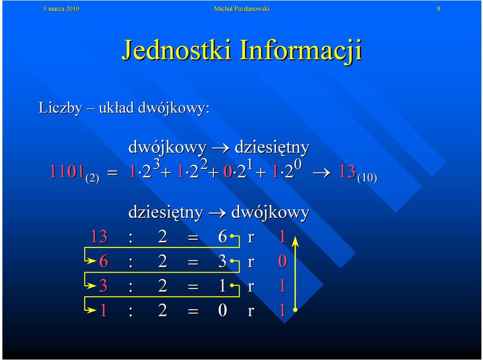 = 1 2 + 1 2 + 0 2 + 1 2 13 (2) dziesiętny dwójkowy 13 :