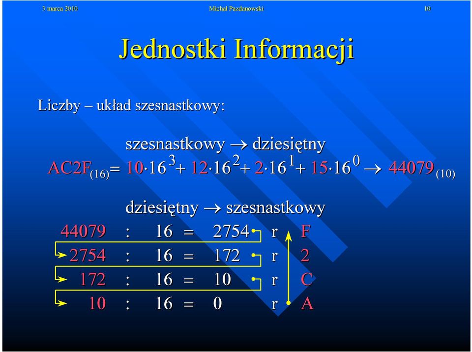 12 16 + 2 16 + 15 16 44079 (16) dziesiętny szesnastkowy 44079 : 16