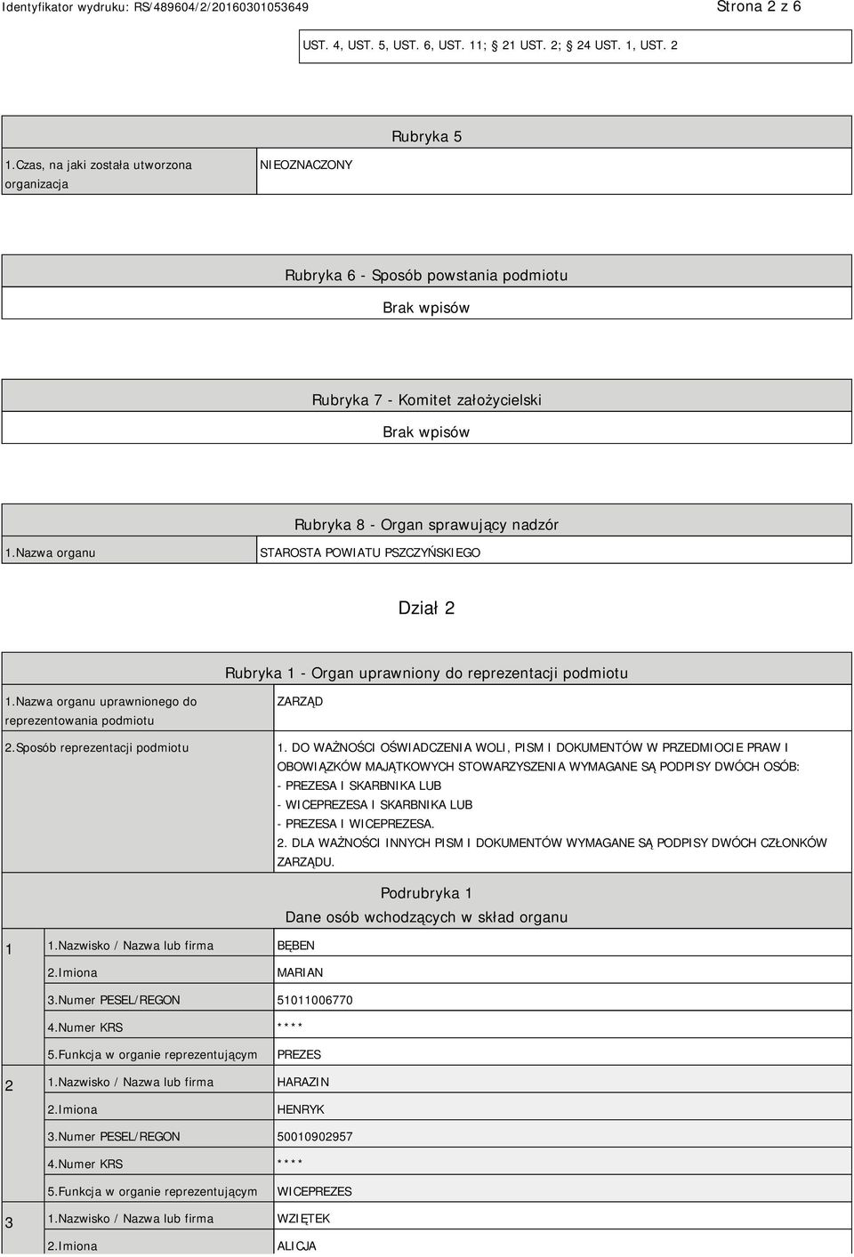 Nazwa organu STAROSTA POWIATU PSZCZYŃSKIEGO Dział 2 Rubryka 1 - Organ uprawniony do reprezentacji podmiotu 1.Nazwa organu uprawnionego do reprezentowania podmiotu 2.