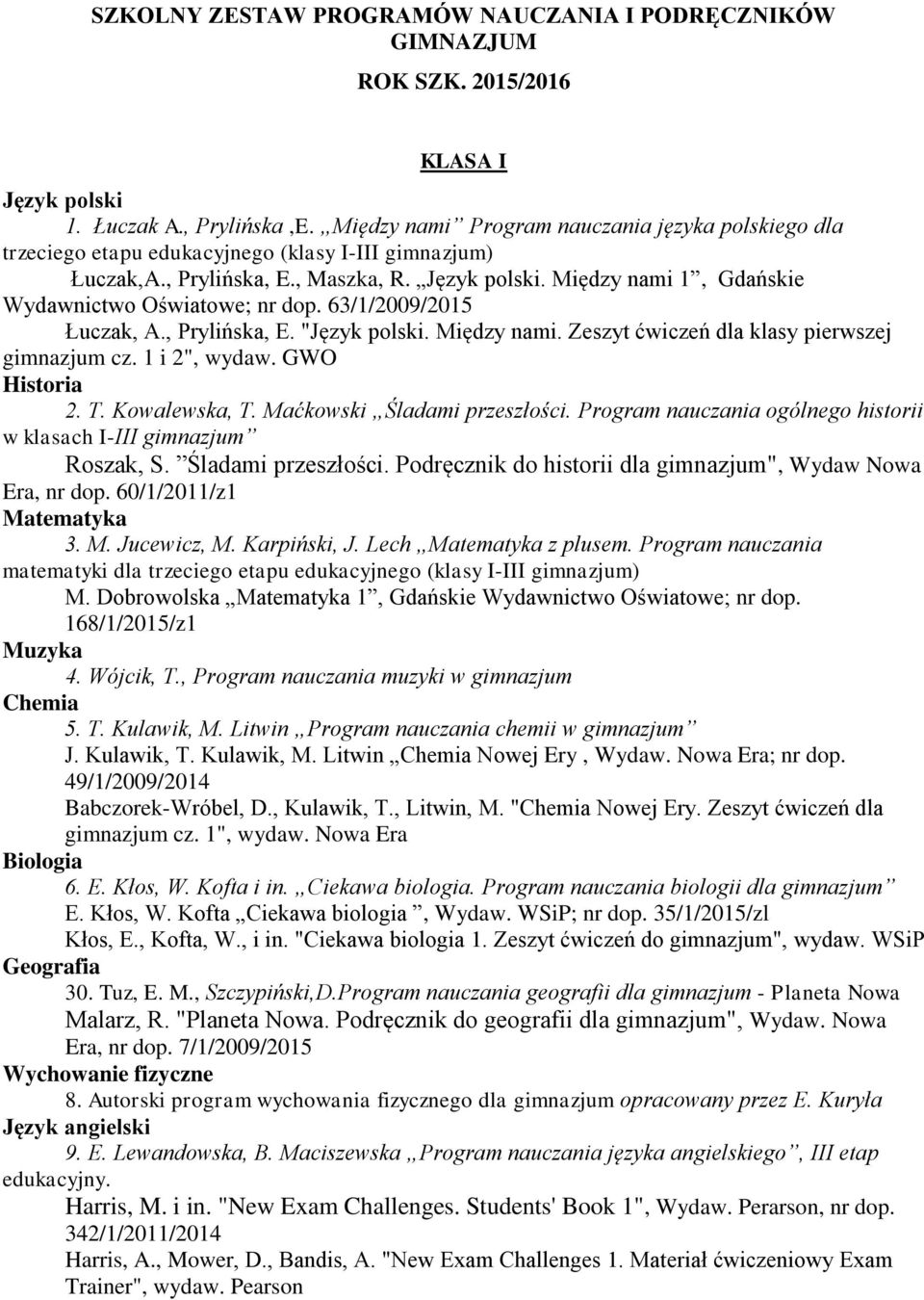 63/1/2009/2015 Łuczak, A., Prylińska, E. ". Między nami. Zeszyt ćwiczeń dla klasy pierwszej gimnazjum cz. 1 i 2", wydaw. GWO Roszak, S. Śladami przeszłości.