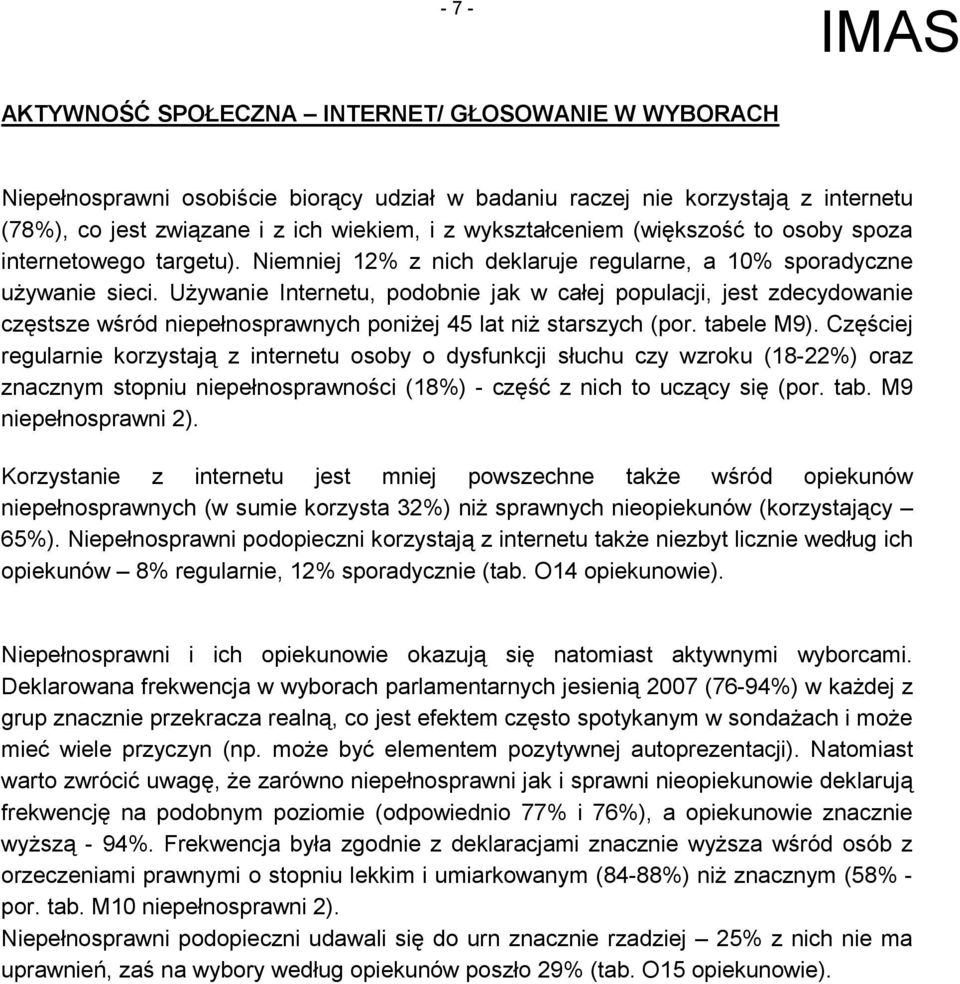 Używanie Internetu, podobnie jak w całej populacji, jest zdecydowanie częstsze wśród niepełnosprawnych poniżej 45 lat niż starszych (por. tabele M9).