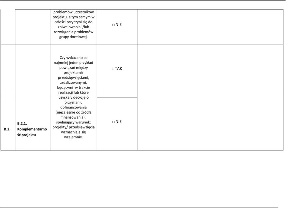 Komplementarno ść projektu Czy wykazano co najmniej jeden przykład powiązań między projektami/ przedsięwzięciami,