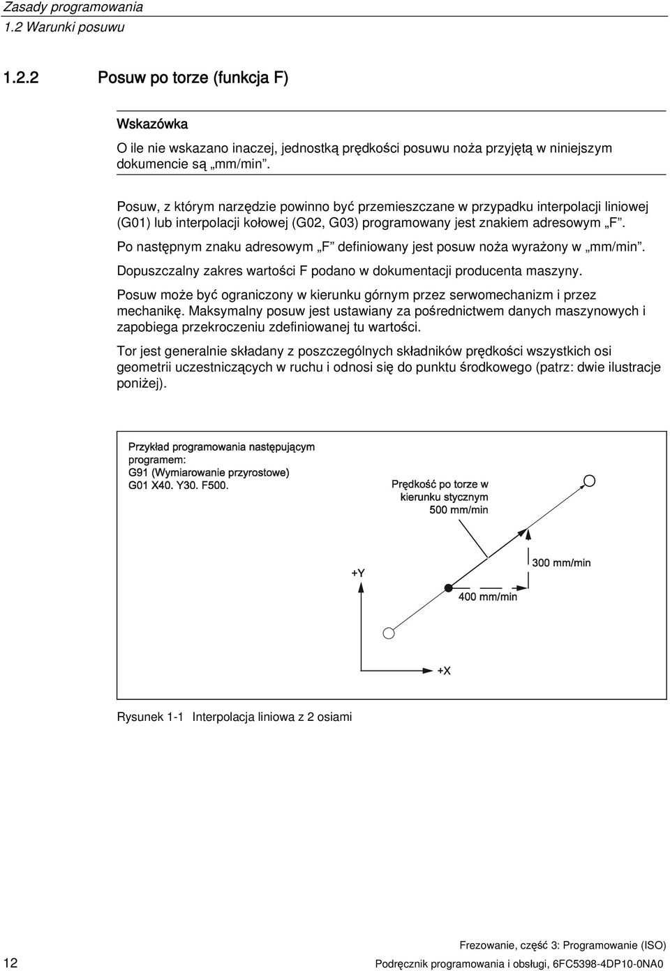 Po następnym znaku adresowym F definiowany jest posuw noża wyrażony w mm/min. Dopuszczalny zakres wartości F podano w dokumentacji producenta maszyny.