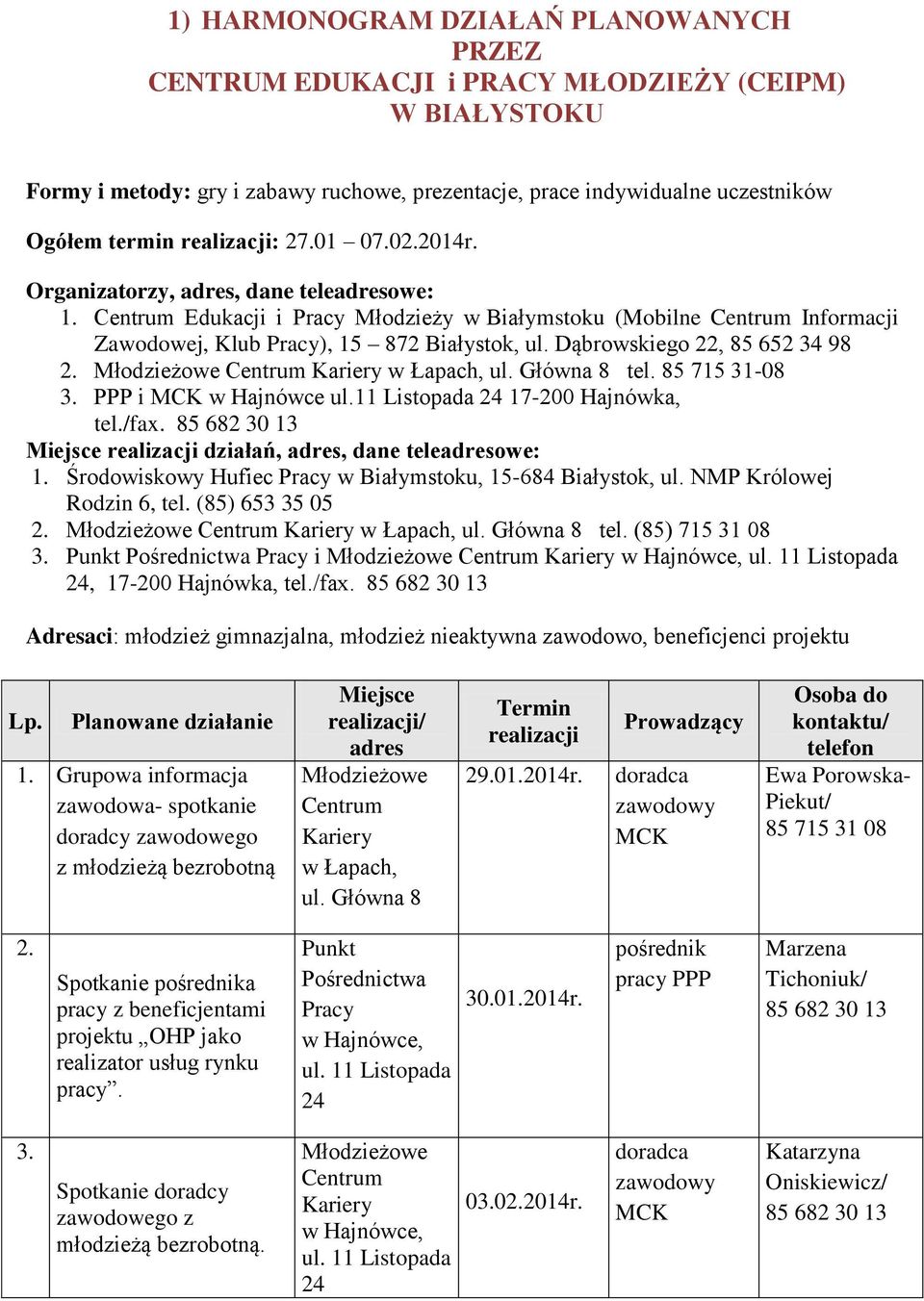 Dąbrowskiego 22, 85 652 34 98 2. Młodzieżowe Centrum Kariery w Łapach, ul. Główna 8 tel. 85 715 31-08 3. PPP i w Hajnówce ul.11 Listopada 24 17-200 Hajnówka, tel./fax.