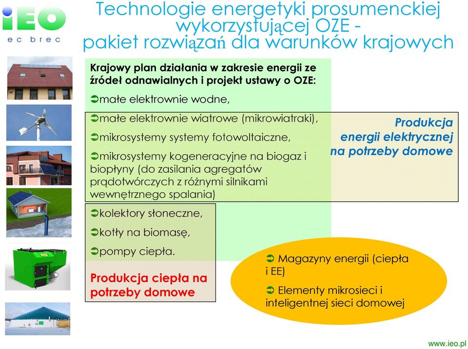 kogeneracyjne na biogaz i biopłyny (do zasilania agregatów prądotwórczych z różnymi silnikami wewnętrznego spalania) kolektory słoneczne, kotły na biomasę,