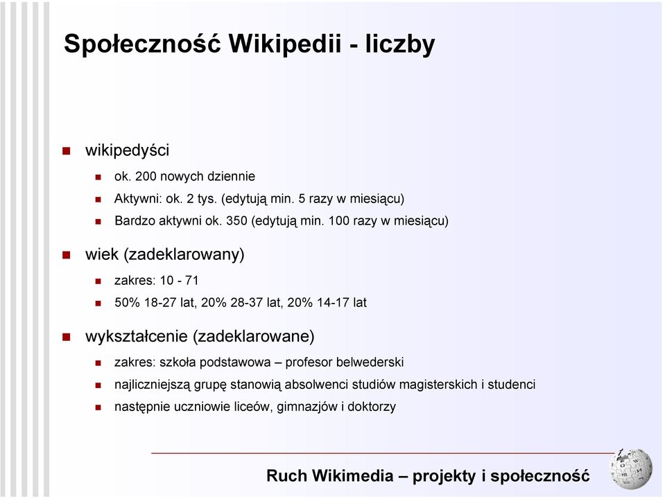 100 razy w miesiącu) wiek (zadeklarowany) zakres: 10-71 50% 18-27 lat, 20% 28-37 lat, 20% 14-17 lat wykształcenie