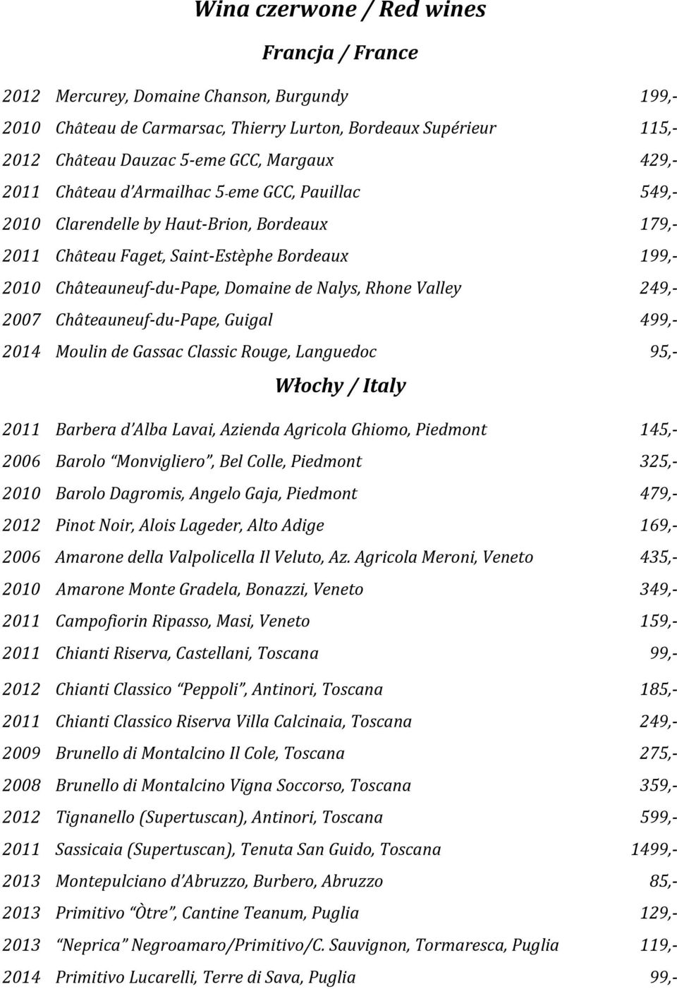 Rhone Valley 249,- 2007 Châteauneuf-du-Pape, Guigal 499,- 2014 Moulin de Gassac Classic Rouge, Languedoc 95,- Włochy / Italy 2011 Barbera d Alba Lavai, Azienda Agricola Ghiomo, Piedmont 145,- 2006